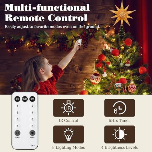 Lewondr Christmas Tree Topper Star, 13 Inch 10-Pointed Light Up Xmas Star Treetop with Plug and Remote Control for Home Christmas Decoration, 6H Timer & 8 Lighting Modes, Warm Light, Gold - Image 3