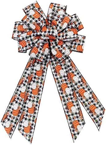 Hying Large Fall Bows for Wreath, Thanksgiving Pumpkin Wreath Bows White Black Buffalo Plaid Bows Orange Burlap Tree Topper Bows for Front Door Autumn Thanksgiving Decorations Supplies by Hying