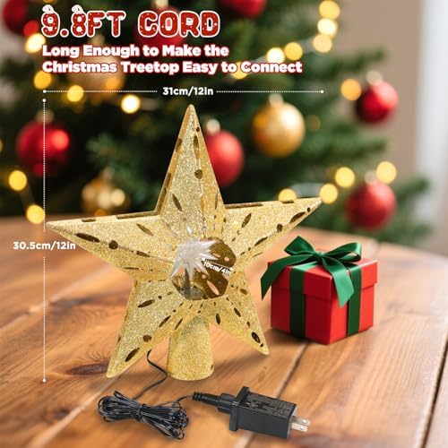 Gold Rotating Christmas Tree Topper Star with RGB LED Lights, 3D Crystal Diamond Center, Spinning Projection, Glitter Design Tree Decor with Power Cord for Holiday, Party, Christmas Celebration - Image 7