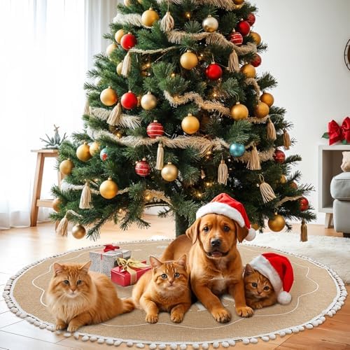 AerWo Burlap Christmas Tree Skirt, 60 Inches, Printed with White Snowflake and Merry Christmas Letter, Xmas Tree Decor for Indoor/Outdoor - Image 5