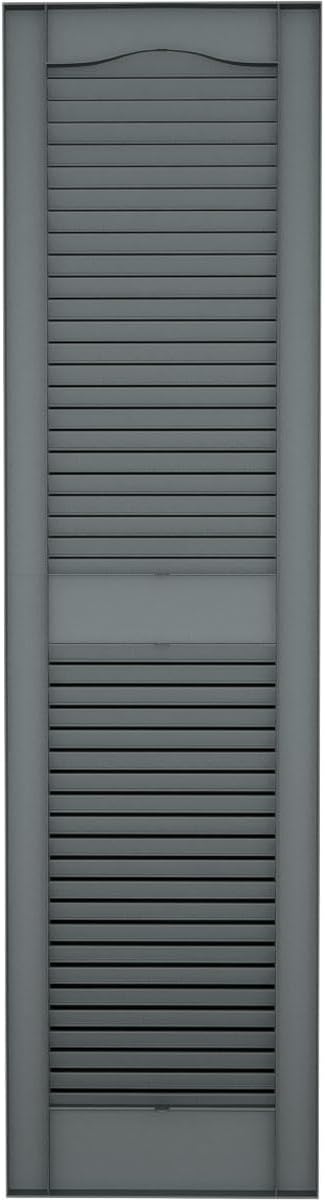 14 1/2"W x 39"H Lifetime Vinyl, Standard Cathedral Top Center Mullion, Open Louver Shutters, w/Installation Shutter-Lok's & Matching Screws (Per Pair), Storm Cloud
