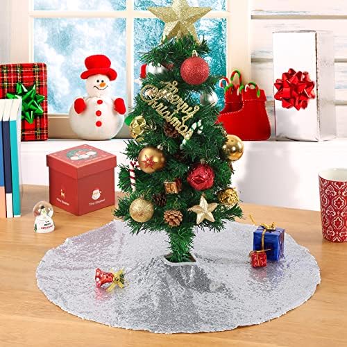 Small Christmas Tree Skirt 24 Inch Silver Tree Skirt Sequin Tree Skirt for Silver Christmas Decorations - Image 2