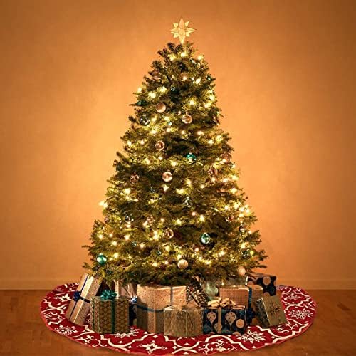 Red Flannel Tree Mat, 48 inches Large with Gilded Christmas Patterns Skirt for Xmas Tree Holiday Party Decorations Indoor Outdoor with 1 Christmas Stocking - Image 3