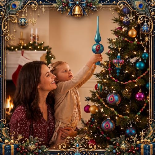 Gejoy Mercury Glass Christmas Finials Tree Topper Peacock Blue Ornaments - Image 3