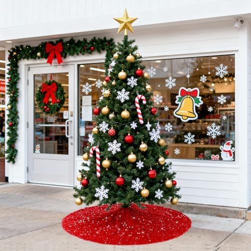 FUHSY Red Tree Skirts Christmas Sequined Tree Decorations 36 Inches Diameter Velvet Fabric Glitter Embroidered and Sequined Tree Cover Skirts Soft Shimmer Tree Mat for All Occasions - Image 3