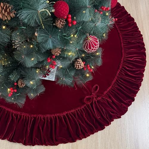 Ruffled Velvet Christmas Tree Skirt with Foam Padding, Nylon Backing and Lace-Up Tie Closure (Burgundy, 60-Inch) by StarryDynamo