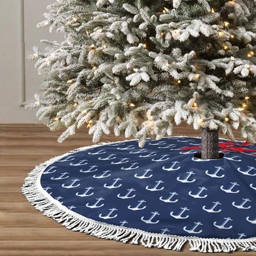 Xmas Tree Skirt 48" Inch,Navy Blue Nautical Anchor White Tassel Edge Rustic Christmas Tree Skirts for Party Holiday Decorations Xmas Ornaments by GHYGTY