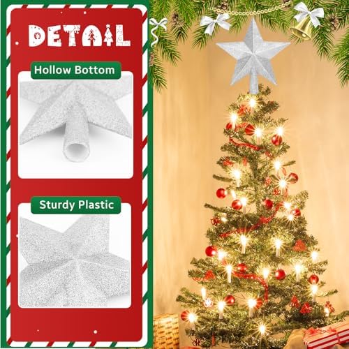 Glitter Christmas Star Tree Topper for Holiday Decorations, Christmas Tree Decoration for Holiday Ornament and Home Decor, Shatterproof Tree Toppers for Party Indoor ??? Outdoor-Silver 10 inch - Image 3