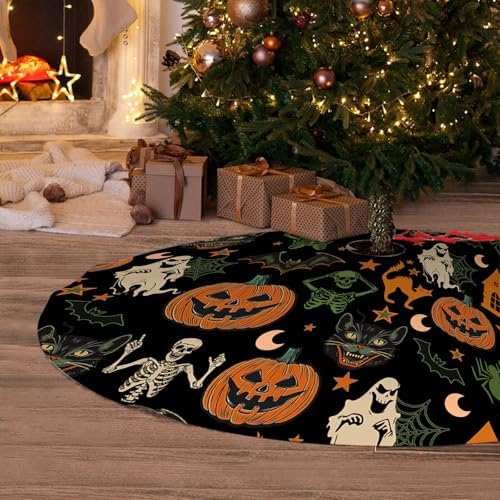 Halloween Tree Skirt 36Inch Pumpkins Ghosts Halloween Christmas Tree Decorations Skulls Spider Cat Black Tree Skirt for Fall Holiday Party Home Decor - Image 5