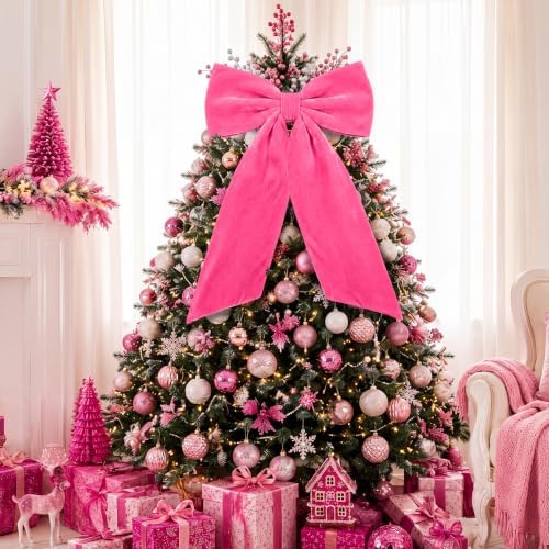 HunnmingRe Large Hot Pink Velvet Bow Christmas Tree Topper 30 Inches - Image 3