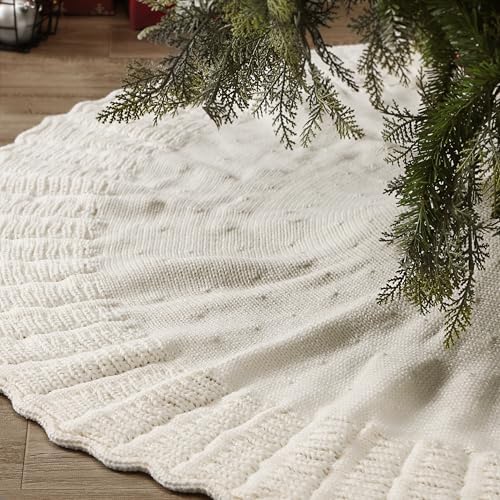 NIBESSER Ivory Knit Christmas Tree Skirt 48" for Christmas Decorations - Yarn Thick Rustic Cable Knit White Tree Skirt Mat for Home Party Holiday Ornaments by NIBESSER