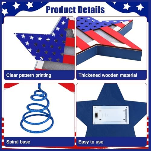 Fangoo 9.8 Inch 4th of July Patriotic Star Tree Topper with LED Lights Memorial Day USA 250th Anniversary Red White and Blue Christmas Tree Toppers for Independence Day Home Office Party Decor - Image 4