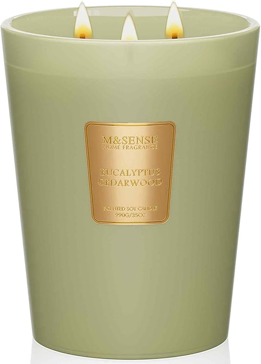 M&SENSE Eucalyptus Cedarwood Soy Large Candles, 3-Wick 35oz 150H Slow Burning, Aromatherapy Candle for Office Relaxation Winter Home Decor