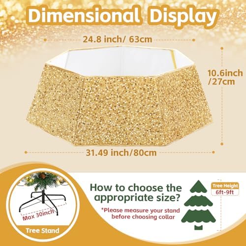 Gold Tree Collar for 9 ft Tree 31.49 Inch Shimmer Christmas Tree Ring Velvet Tree Skirt Cover for Xmas Pencil Tree Holiday Decor - Image 3