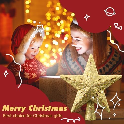 Christmas Tree Topper Lighted Star,3D Hollow Sparkling Star Christmas Tree Topper with 6 Patterns Rotating Magic Cool White Snowflake Projector, Plug in Gold Tree Topper for Tree Ornament - Image 5
