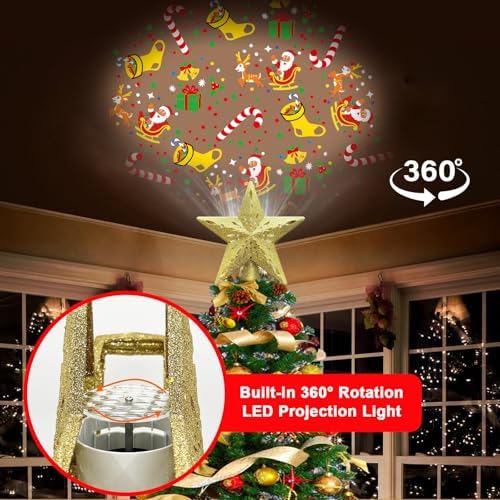 10" Christmas Tree Topper Star Lighted with 6 Projection Modes, Light Up Christmas Tree Topper Built-in LED Rotation Light, 3D Glitter Dynamic Projector Tree Top for Xmas Party Decorations Gift - Image 3