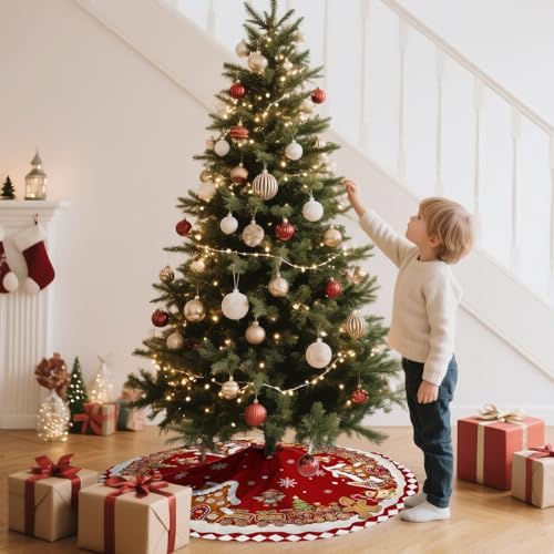 Red Gingerbread Christmas Tree Skirt Decorations House Decor Christmas Gingerbread Tree Ornaments Holiday Party Indoor Outdoor Xmas Trees Mat 36 inches - Image 4