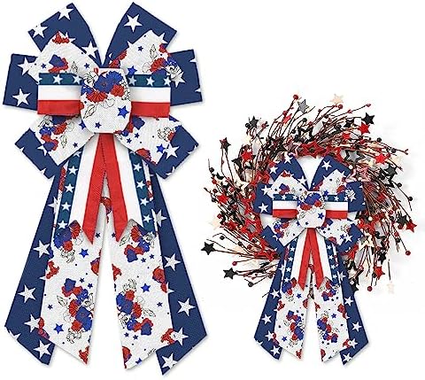 Heureppy Large Patriotic Wreath Bow Labor Day Decor Bow for Wreath Blue White Red Star Burlap Veterans Day Bow for Veterans Day Labor Day Front Door Indoor Outdoor Tree Topper Decoration Supplies - Image 6