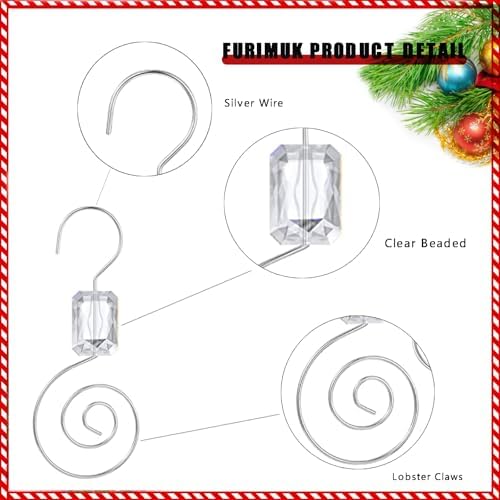 Furimuk 24 Pack Christmas Ornament Hooks Clear Beaded Hangers Decorative Silver Wire S-Hook with Lobster Claws for Holiday Home Xmas Party Tree Decoration - Image 2