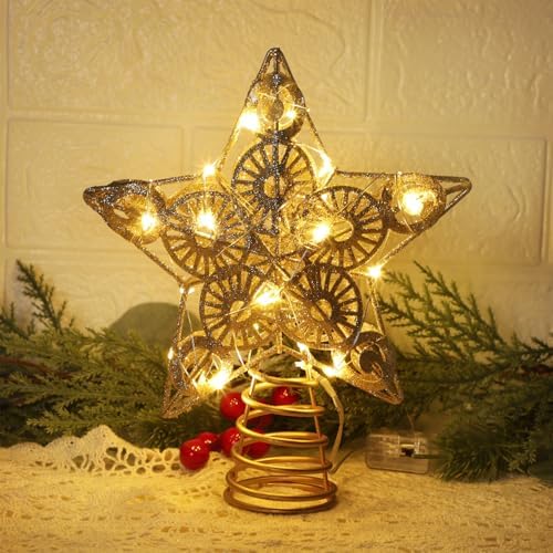 Juegoal Star Tree Topper with 20 LED Lights, Metal Golden Lighted Treetop Ornaments, Battery Powered Light Up Christmas Tree Decorations, 6.5 x 6.5 Inches - Image 5