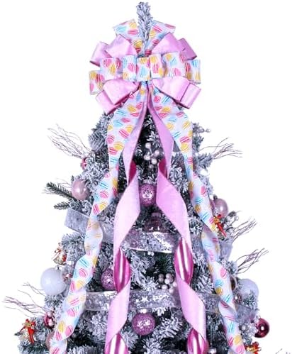 Christmas Tree Topper Wreath Bow Large Pink Christmas Bow Tree Topper 52"x13" Pink Hamburger Pattern Velvet Ribbon Gift Bows for Xmas Holiday Home Wedding Thanksgiving Indoor/Outdoor Decoration by Sailup