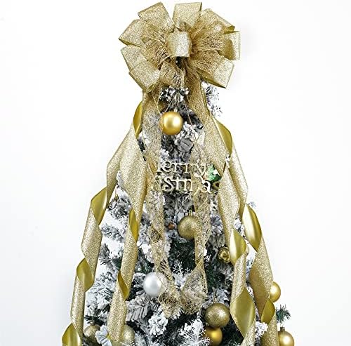 MEEDEE Gold Glitter Christmas Tree Topper - 12" Wide Snowflake Ribbon Bow - Large Gold Bows for Christmas Tree Decoration (1 Pack) by MEEDEE