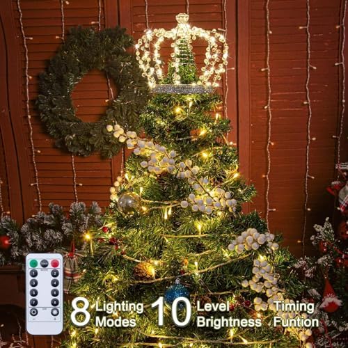 LAWOHO Christmas Tree Topper Star, Jeweled Crown with 60 Warm White LED USB Lighted Tree Topper, Xmas Tree Decor with Remote Control 8 Lighting Mode, Timer, Dimmer for Christmas Tree Ornament（Silver） - Image 5