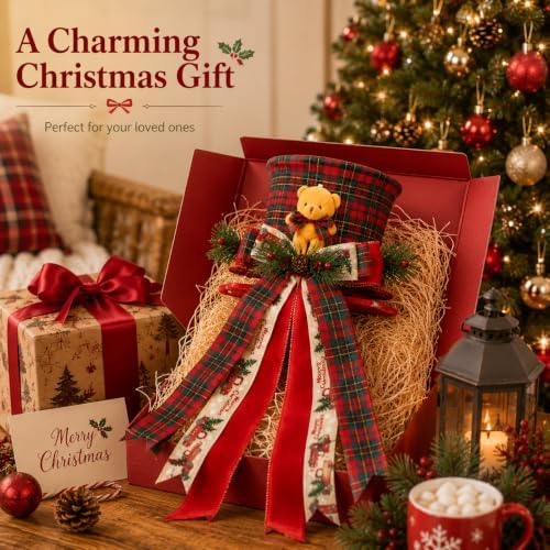 Christmas Tree Topper Hat Teddy Bear Topper with Buffalo Plaid Bow - Image 7