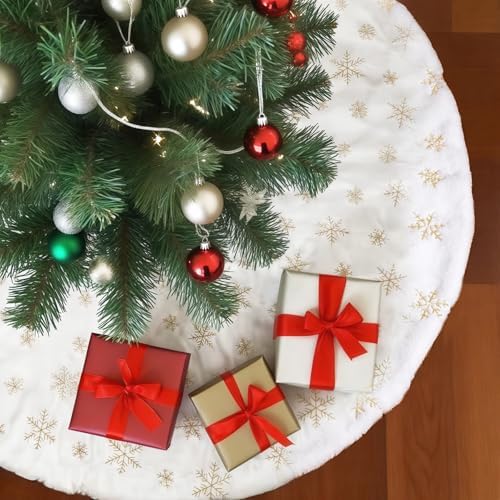 Christmas Tree Skirt 48 Inches Faux Fur Christmas Tree Skirt White with Gold Sequin Snowflakes Large Xmas Tree Skirt Christmas Tree Base Cover Party Decorations Ornaments by Unknown