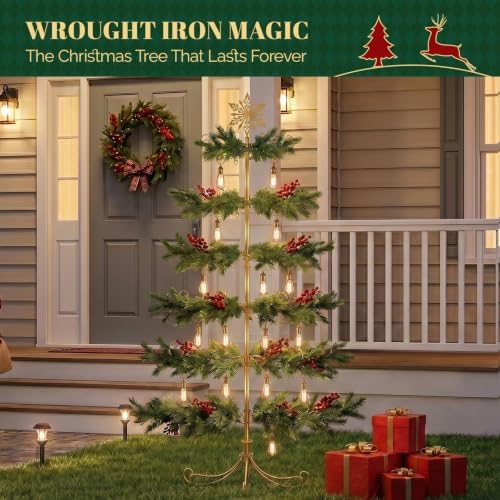 VINGLI 6ft Metal Christmas Ornament Tree Stand, Decorative Iron Display Tree w/ 192 Branches, Snowflake Topper, Ornament Display for Hanging Balls, Wrought Iron Xmas Tree Holiday Decorations, Gold - Image 5