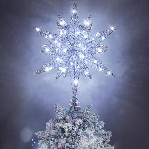 Luxspire Christmas Tree Topper, 3D Lighted Star Tree Topper with USB Plug-in & Remote Control, 9.6" Christmas Tree Star Lights for Home Holiday Decor, 6H Timer & 8 Lighting Modes, Silver by Luxspire