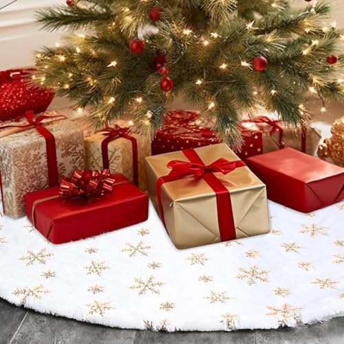 Christmas Tree Skirts 72 Inches, White Faux Fur Christmas Tree Skirt with Gold Sequin Snowflakes, Extra Large Plush Tree Skirts for Xmas Holiday Party Decorations. by Unknown