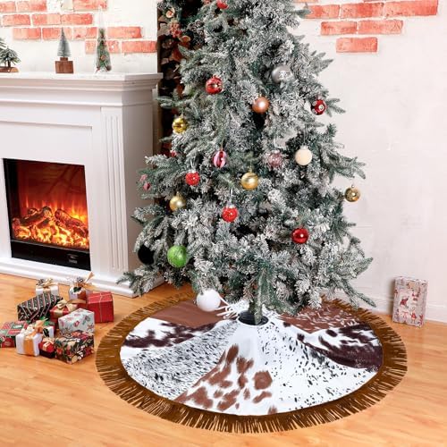 Shappy Western Christmas Tree Skirt 48 Inch Cows Print Tree Skirts Decorations Cowboy Christmas Skirt with Tassel Decorations Mats for Xmas Party Holiday Ornament Home(Classic) - Image 5