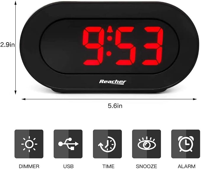 REACHER Small Dimmable LED Digital Alarm Clock with USB Charger - Image 5
