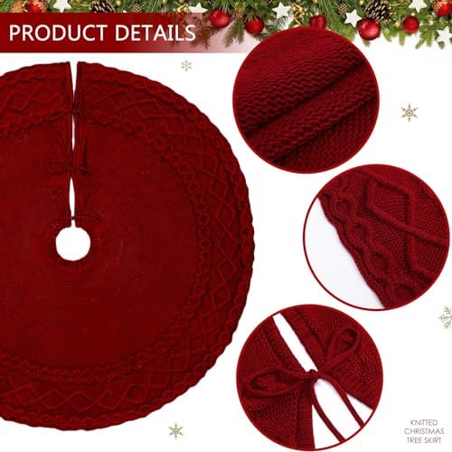 NIBESSER Red Knit Tree Skirt 48" Christmas Tree Skirt Knitted Mat Christmas Decorations Yarn Thick Rustic Cable Knit Tree Skirt for Home Party Holiday Ornaments - Image 3