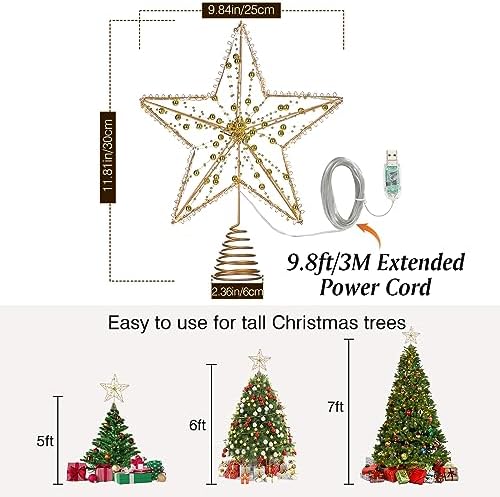 Lewondr Metal Christmas Star Tree Topper with Lights and Beads, Gold - Image 4