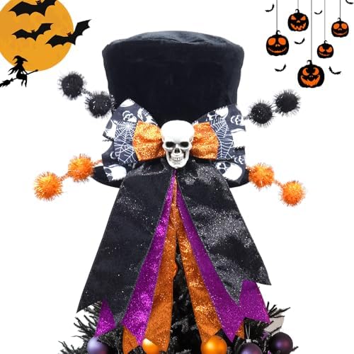 Halloween Tree Topper Hat with Wired Bow, Black Velvet Top Hat with Skull by Montekin