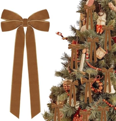 Hongsome 12Pcs Vintage Velvet Ribbon Bows Christmas Tree Decorations,5in x 10in Brown Xmas Ornaments for Tree Home Party Front Door Wreath Holiday Decor by brand