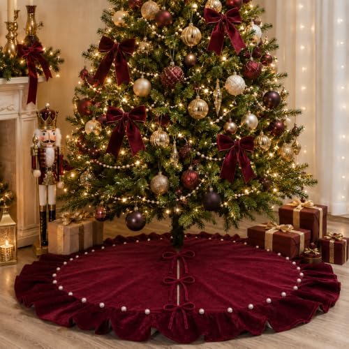 Wine Red Velvet Christmas Tree Skirt, 36 Inch Christmas Tree Skirt with Ruffled Edge and Pearl Trim - Image 4