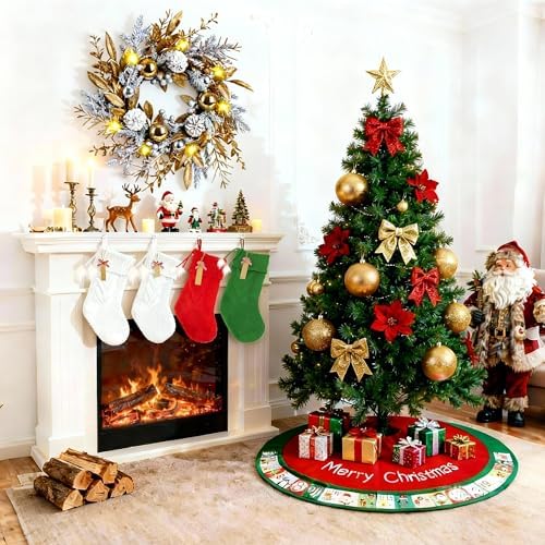 48in Christmas Tree Mat for Under Tree,Red Christmas Tree Skirt Decorations,Rustic Xmas Tree Mat Decorations for Winter New Year Holiday Party Decor Indoor Outdoor - Image 5