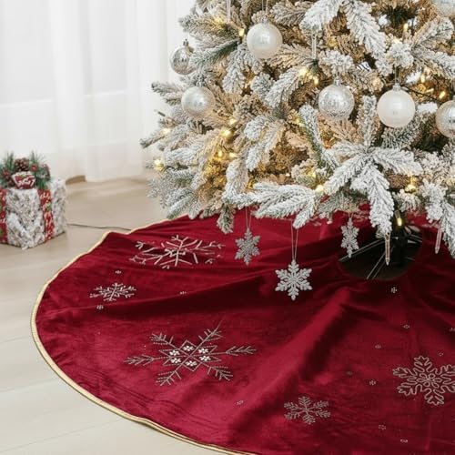 Burgundy Velvet Tree Skirt 60 Inch, Gold Snowflake Rhinestone by Vertintong