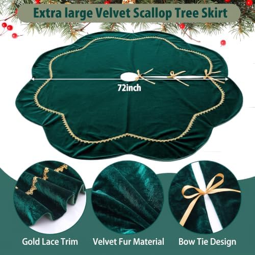 Arrowbash 72 Inch Green Christmas Tree Skirt Velvet Fur Scallop Tree Skirt Sparking Gold Lace Trim for Party Rustic Xmas Holiday Decorations All Year - Image 4