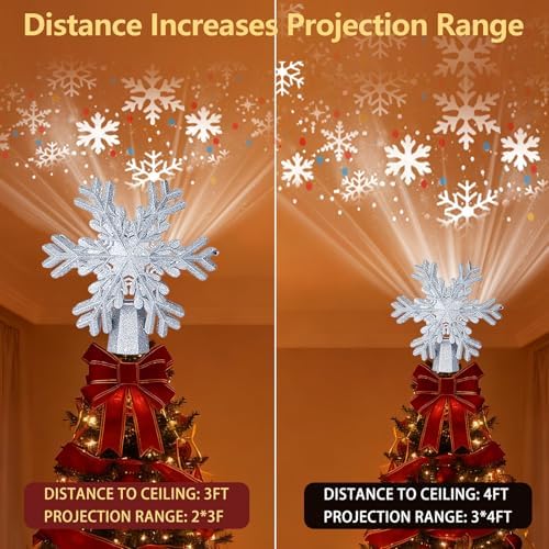 Christmas Tree Topper Lighted with LED Rotating Silver Snowflake Projector, 3D Hollow Glitter Lighted Snow Tree Topper for Xmas New Year Party Holiday Christmas Decorations - Image 3
