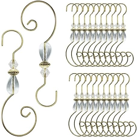Furimuk 20 Pcs Christmas Ornament Hooks Beaded Hangers with Clear Acrylic Wire Gold S-Shaped Hangers Hook Swirl Hanger Metal Hooks with Crystal Beaded for Crafts Xmas Tree Decoration by Furimuk