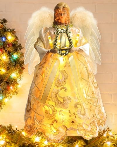 Angel Tree Topper with Lights, 12'' Christmas Tree Topper Angel, Battery Operated Lighted Treetop Ornaments, Elegant Christmas Tree Decorations for Indoor Office Holiday by FollowUs