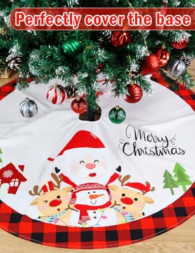 Christmas Tree Skirt, 48 Inches Red Black Buffalo Plaid Tree Skirt Rustic Thick Xmas Tree Skirt with Snowflake Santa Claus Xmas Ornaments Perfect for Christmas Decoration and New Year Holiday Party - Image 3