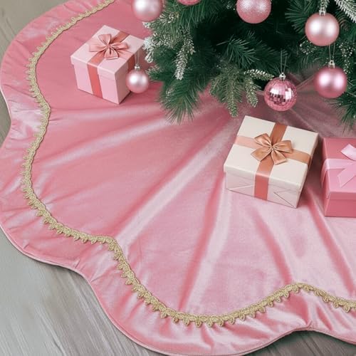 Arrowbash Christmas Tree Skirt 48 Inch Pink Velvet Fur Scallop Tree Skirt Sparking Gold Lace Trim for Party Rustic Xmas Holiday Decorations All Year by Arrowbash