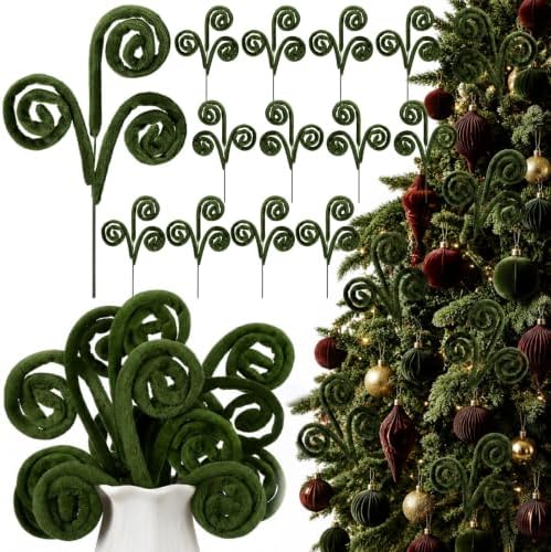 Daifunli 12 Pcs Curly Christmas Tree Picks Velvet Curl Decoration Spiral Curly Tree Topper Ornaments DIY Crafts for Wreath Fireplaces Vase Filler Holiday Ornament, 12 Inch(Brown, Green, Milky White) by Huiinen