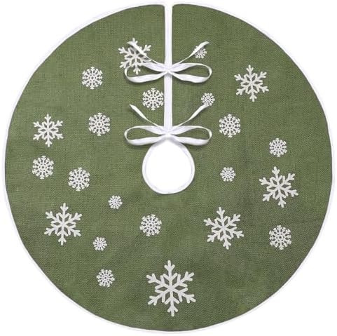 30 Inch Burlap Christmas Tree Skirt with White Snowflakes, Green by MACTING