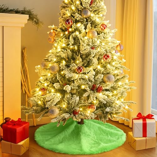 Christmas Tree Skirt Green Plush 24 inch Xmas Tree Skirt Faux Fur Thick for Family Party Christmas Tree Decoration - Image 2